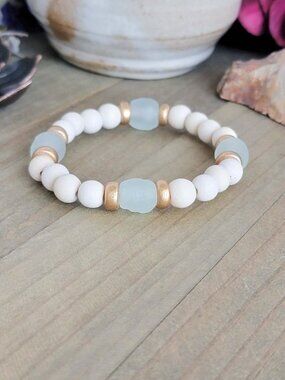 Aqua Recycled Glass and Wood Bead Bracelet